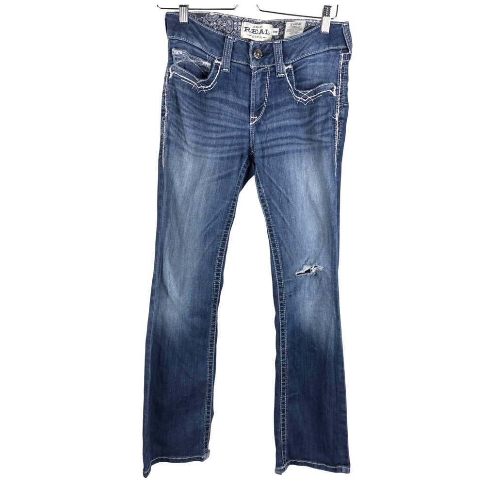 Ariat REAL Mid Rise Bootcut Jeans Medium Wash Distressed Embroidered 29R